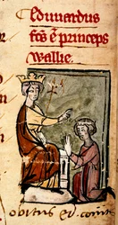 Edward von Caernarvon [Edward II] wird von seinem Vater, König Edward I., im Lincoln-Parlament zum Prinzen von Wales und Earl of Chester ernannt, Illustration aus 
