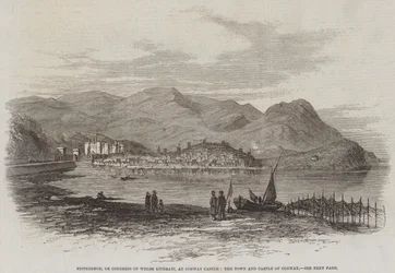 Eisteddfod oder Kongress der walisischen Literaten im Schloss Conway, die Stadt und das Schloss Conway (Stich)