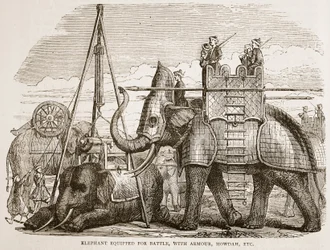 Kampfelefant mit Rüstung und Howdah, Illustration aus Cassells Illustrierter Geschichte Indiens von James Grant, veröffentlicht 1879