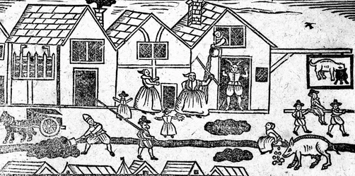 Elisabethanische Straßenszene, aus A Book of Roxburghe Ballads