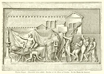 Elysisches Mahl (Basrelief oft genannt: Bacchus im Haus des Ikarios. Im Louvre)