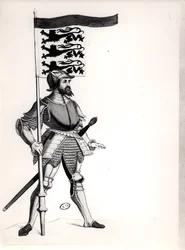 Englischer Soldat hält ein Banner mit den drei Löwen von England