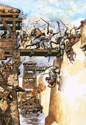 Englische Soldaten greifen während der Kreuzzüge eine Stadt an