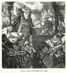 Etzel neben Chriemhilds Bahre