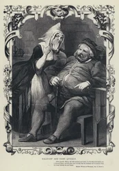 Falstaff und Frau Quickly, Die lustigen Weiber von Windsor, Akt II, Szene 2 (Gravur)