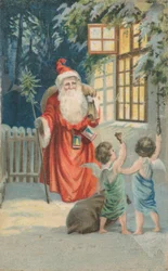 Weihnachtsmann trägt einen Sack mit Geschenken