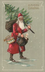 Weihnachtsmann trägt einen Sack mit Spielzeug und einen Weihnachtsbaum