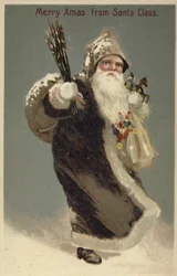 Weihnachtsmann in einem Pelzmantel, trägt Geschenke