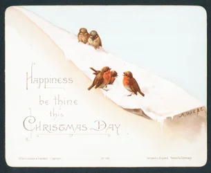 Fünf kleine Rotkehlchen im Schnee, Weihnachtskarte