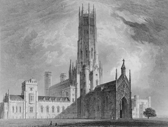 Fonthill Abbey von Nordwesten, aus Grafischen und Literarischen Illustrationen von Fonthill Abbey von John Britton, 1823