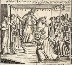 Friedrich I., Kaiser, hält den Steigbügel des Papstes auf der falschen Seite, Illustration aus Acts and Monuments von John Foxe, neunte Ausgabe, veröffentlicht 1684