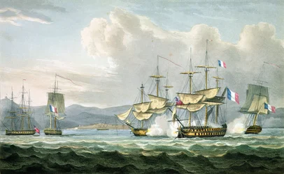 Fregattenaktion in Vizagapatam Roads, vor Indien, 18. September 1804, graviert von T. Sutherland für The Naval Chronology of Great Britain von J. Ralfe, veröffentlicht 1820