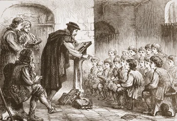 Froments Schule am Molard, Illustration aus Die Geschichte des Protestantismus von James Aitken Wylie, veröffentlicht 1878
