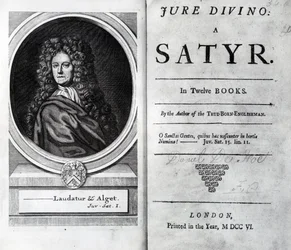 Frontispiz und Titelseite für Jure Divino: A Satyr von Daniel Defoe, veröffentlicht 1706