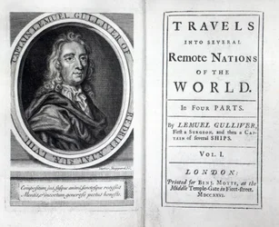 Frontispiz und Titelseite zu Gullivers Reisen von Jonathan Swift, 1726