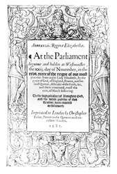 Frontispiz zu einem Bericht über das Parlament von Königin Elizabeth, abgehalten zwischen dem 23. November 1584 und dem 24. März 1585 (gedruckt von Christopher Barker, 1585)