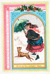 Mädchen und Hund rennen im Schnee, Neujahrskarte