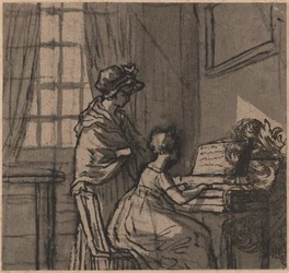 Mädchen an einem Klavichord, ca. 1800 (Tinte & Waschung auf Papier)