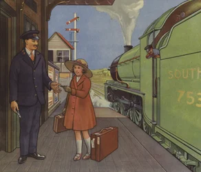 Mädchen gibt dem Bahnhofsvorsteher ihr Bahnticket