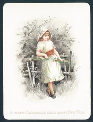 Mädchen lehnt an Zaun mit Blumenstrauß, Weihnachtskarte