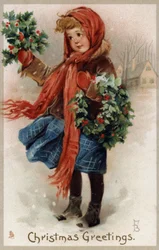 Mädchen verkauft Stechpalmen und Weihnachtskränze (Chromolithografie)