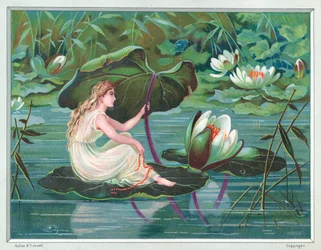 Mädchen sitzt auf Seerosenblatt im Teich, Weihnachtskarte