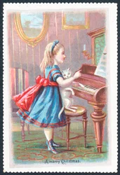 Mädchen mit Katze steht am Klavier, Weihnachtskarte