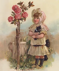 Mädchen mit einer Katze und einem Rosenbaum