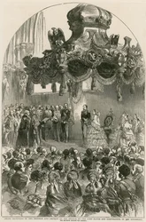 Großer Empfang des Kaisers und der Kaiserin von Frankreich durch den Lord Mayor und die Corporation in der Guildhall, London