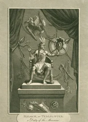 Haloch, oder Tescalipuca, eine Gottheit der Mexikaner, Illustration aus Die Welt: oder der gegenwärtige Zustand des Universums, eine allgemeine und vollständige Sammlung moderner Reisen und Reisen, von Cavendish