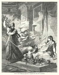 Haman wird von Ahasverus entdeckt, wie er um sein Leben bei Esther fleht (Gravur)