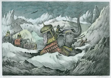 Hannibal (247-ca. 183 v. Chr.) und seine Kriegselefanten bei der Überquerung der Alpen (spätere Kolorierung)
