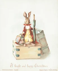 Hase mit Gepäck und Regenschirm, Weihnachtskarte