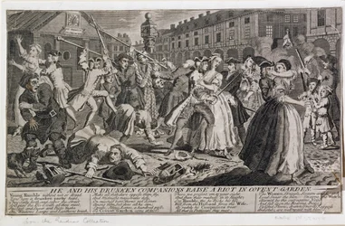 Er und seine betrunkenen Gefährten verursachen einen Aufruhr im Covent Garden, 1735