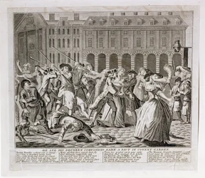 Er und seine betrunkenen Gefährten verursachen einen Aufruhr im Covent Garden, 1735