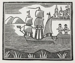 Er sticht in See auf seiner ereignisreichen Reise, Illustration aus Chap-books des achtzehnten Jahrhunderts von John Ashton, veröffentlicht 1882