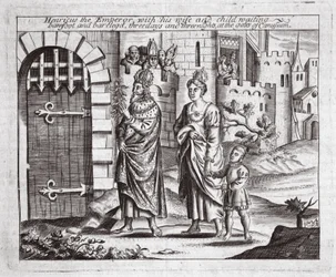 Henricus der Kaiser mit seiner Frau und seinem Kind, barfuß und barbeinig, drei Tage und drei Nächte vor den Toren von Canusuam wartend, Illustration aus Acts and Monuments von John Foxe, neunte Ausgabe