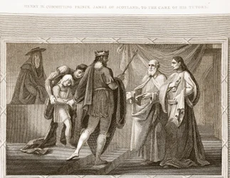 Heinrich IV übergibt Prinz James von Schottland in die Obhut seiner Lehrer, Illustration aus David Humes The History of England, veröffentlicht von R. Bowyer, London, 1812