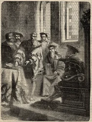 Heinrich VIII. und sein Rat ordnen die Übersetzung der Bibel ins Englische an - 1538 - Gravur aus „History of England“ von Cassell Petter & Galpin