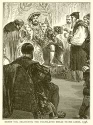 Heinrich VIII. übergibt die übersetzten Bibeln an seine Lords, 1538