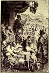 Herodot liest seine Geschichte auf einem öffentlichen Fest, Illustration aus Die Illustrierte Geschichte der Welt, veröffentlicht um 1880