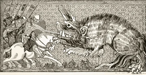 Wie Alexander mit dem Tier kämpfte, nach einer Miniatur in einem Manuskript aus dem 13. Jahrhundert, aus 