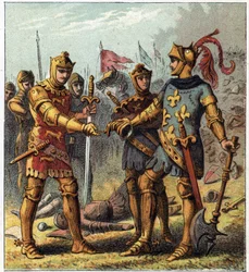Hundertjähriger Krieg: Schlacht von Poitiers (1356). Der König von Frankreich, Johann II. der Gute (1319-1364), erkannte seine Niederlage an und ging zu Edward Plantagenet von England (Edward von Woodstock Brackembury)