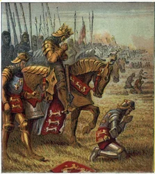 Hundertjähriger Krieg: „Die Schlacht von Azincourt am 25.10.1415“. König Heinrich V. (1387-1422) betete, bevor er den französischen Truppen gegenüberstand. Die Schlacht von Azincourt: König Heinrich der Fünfte betet vor der Schlacht um den Sieg.