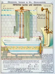 Verbesserte Bäder und Duschen aus einem Katalog von Sanitärartikeln, produziert von Morrison, Ingram & Co., Manchester, veröffentlicht um 1890