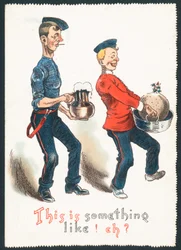 Betrunkene Herren tragen Pflaumenpudding und Getränk (Humorvoll), Weihnachtskarte