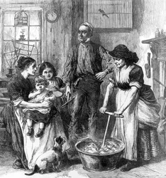 Innenraum einer Bergarbeiterhütte (Gravur)