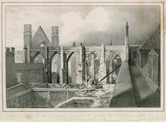 Innenansicht der Häuser von Lords und Commons am Tag nach den Bränden, aufgenommen vom Dach der Westminster Hall