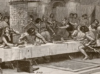 Unterbrechung des Weihnachtsessens von Balliol, Illustration aus Cassells Illustrierter Geschichte Englands