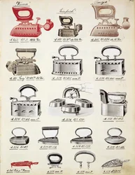 Bügeleisen, aus einem Handelskatolog für Haushaltswaren und Einrichtungsgegenstände, ca. 1890-1910